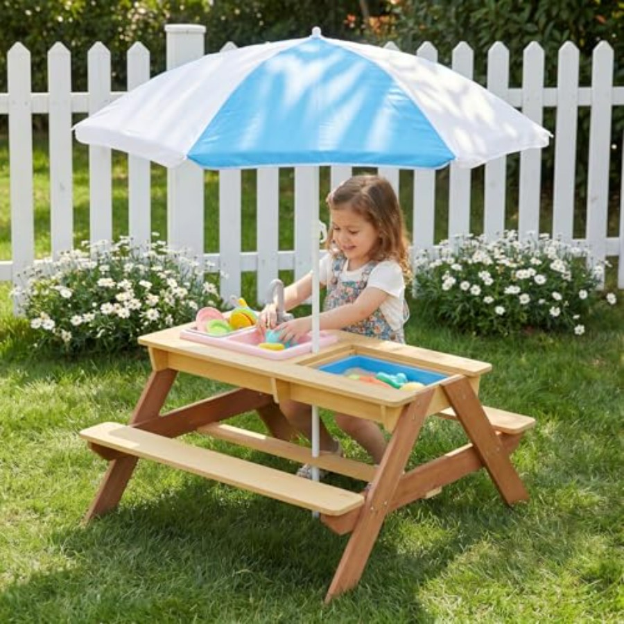 Kids Outdoor Sink - Açık hava çocuk piknik masası, şemsiyeli,